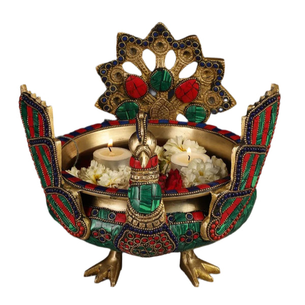 Brass Peacock Shaped Urli Bowl with Stand (Height:9 Inches)