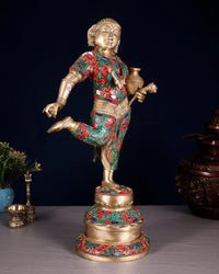 Messing-Pot-Lady-Skulptur, tanzende goldene Figur mit rotem/grünem bemaltem Gewand