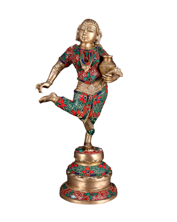 Brass Pot Lady Sculpture (Height:16.5 Inches)