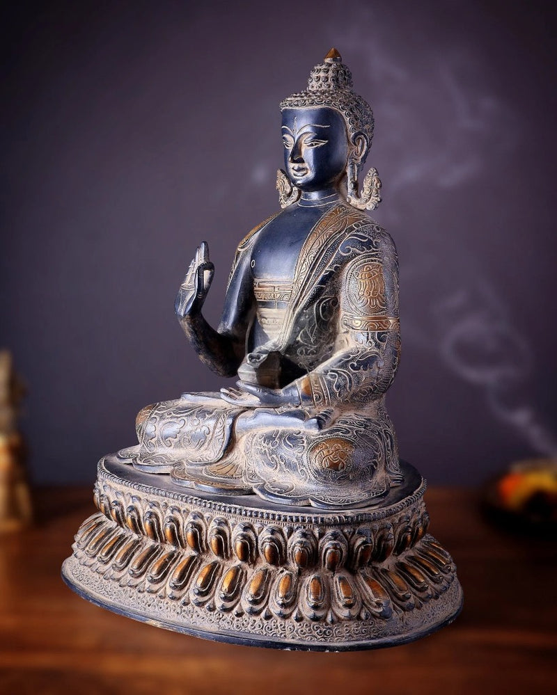 Brass Buddha Statue with Sand Finish (Height:16.5 Inches)