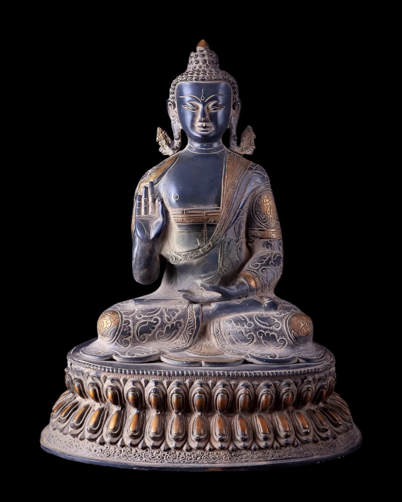 Brass Buddha statue, sand finish, seated with hands in prayer