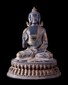 Brass Buddha statue, sand finish, seated with hands in prayer
