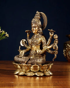 Brass Vijaya Lakshmi idol, side view: detailed jewelry, raised hands, lotus base, 6.75 in