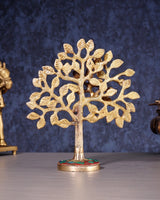Pure brass Kalpavriksha tree with engraved leaf branches; round base with green and red