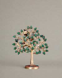 Kalpavriksha tree in pure brass with green stone inlay, 7-inch decorative tabletop