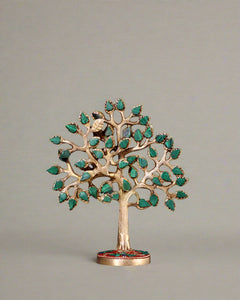 Kalpavriksha tree in pure brass with green stone inlay, 7-inch decorative tabletop