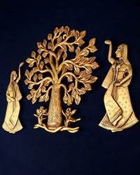 Brass Kalpavriksha tree wall hanging with central trunk and hanging apsaras