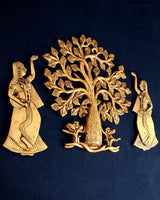 Brass Kalpavriksha tree wall decor with two standing apsaras, detailed leaves