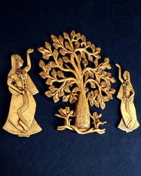 Brass Kalpavriksha tree wall decor with two standing apsaras, detailed leaves