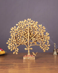 Gold brass Kalpavriksha table tree with leaf branches, square base, 11 in height.