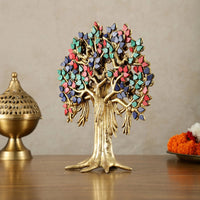 Brass Kalpavriksha tree ornament with multicolor stone canopy and flared base, 11 in