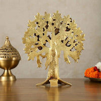 Brass Kalpavriksha tree ornament with cutout leaf branches, 11 in