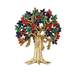 Handcrafted Brass Kalpavriksha table tree, multicolor leaf inlay, 11 in height