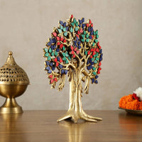 Brass Kalpavriksha table tree with multicolor stone canopy, detailed trunk roots