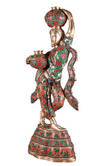 Pure brass Krishna gopi carrying butter pot, side view, red-green decorative details