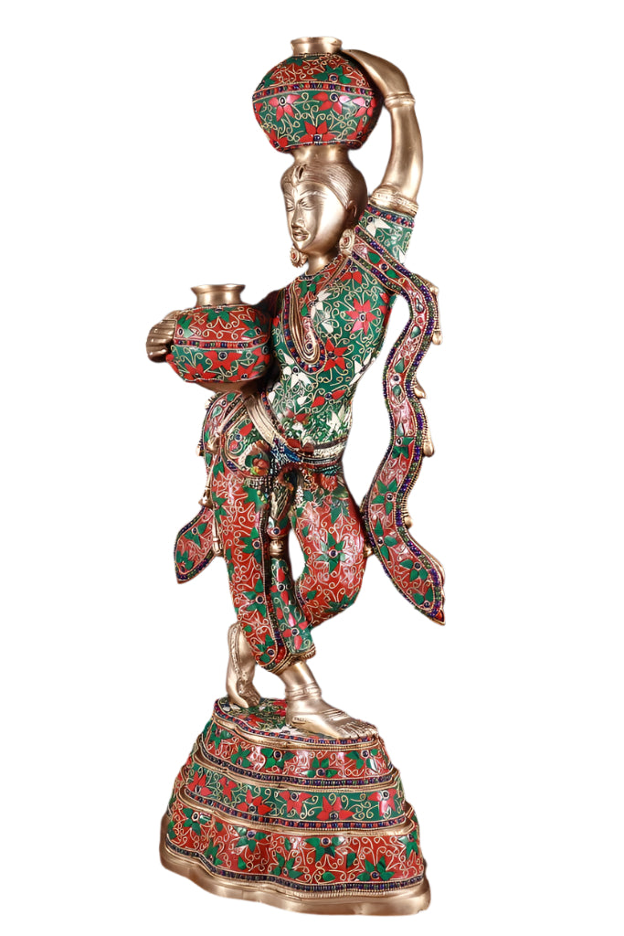 Pure Brass Krishna’s Gopi Carrying Butter Pots (Height :27.2 Inches)