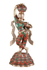 Brass Krishna gopi carrying butter pot statue, back/side view with red-green designs