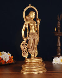 Brass lady statue in draped sari, turned pose holding round ornament, arched frame base