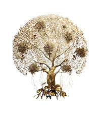 Majestic brass Kalpavriksha tree wall hanging, detailed foliage and dangling roots