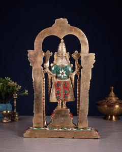 Brass Tirupati Balaji statue rear view, ornate arch back with jewel details