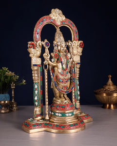 Brass Tirupati Balaji statue, detailed torso with red, green, blue enamel accents