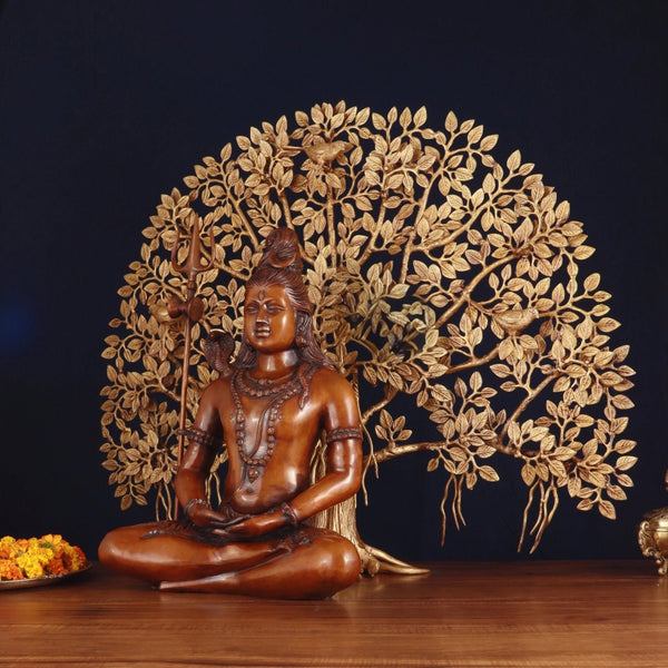 Superfine Brass Lord Shiva & Kalpavriksha Tree Statue Combo Study Setting