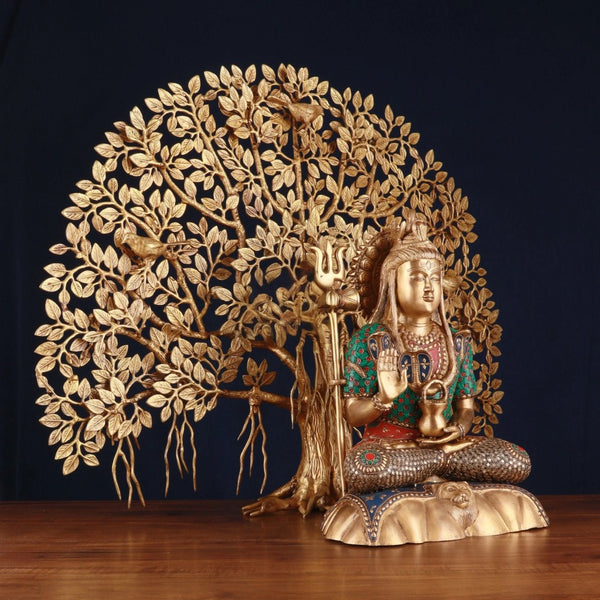 Brass Lord Shiva & Kalpavriksha Tree Statue Combo Study Setting