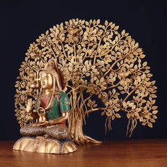 Brass Shiva & Kalpavriksha statue combo, seated figure with trident and painted robe