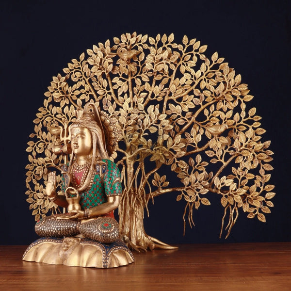 Brass Lord Shiva & Kalpavriksha Tree Statue Combo Entryway Setting