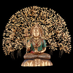 Brass Shiva statue seated, holding trident; Kalpavriksha tree with gold leaves