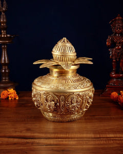 Pure brass Ashtalakshmi kalash, 11 inches tall, engraved base and ribbed lid