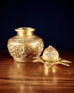 Brass Ashtalakshmi kalash with top piece, decorative engravings and wide base