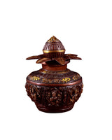 Brass Ashtalakshmi kalash with flared petals on lid and embossed deity scenes, 11 in