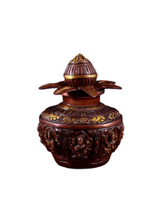 Brass Ashtalakshmi kalash with flared petals on lid and embossed deity scenes, 11 in