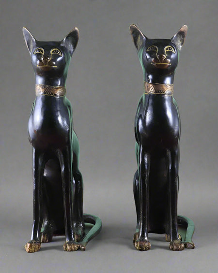 Brass Egyptian Black Cat Pair Showpiece (Height: 14 inches)