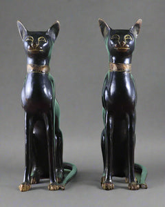 Pair of black Egyptian cat brass showpieces, gold collar, front view