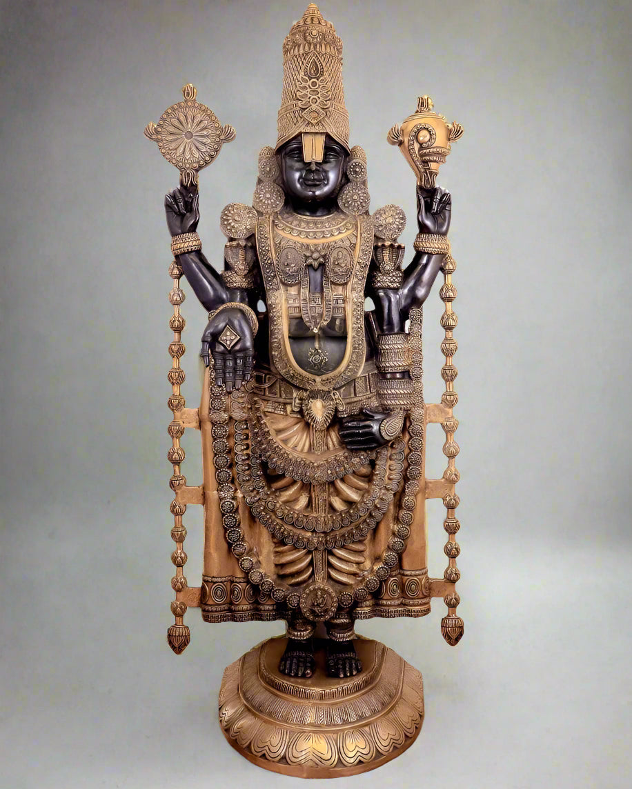 Brass Tirupati Balaji statue with raised hands, 72 in tall, ornate crown and ornaments