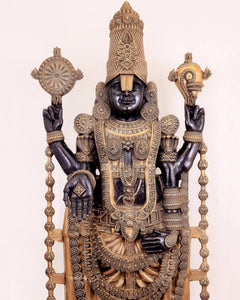 Brass Grand Tirupati Balaji statue standing with fan-like emblem and tall crown