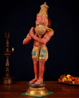 Brass Hanuman idol side view, folded arms in namaskar mudra, ornate attire
