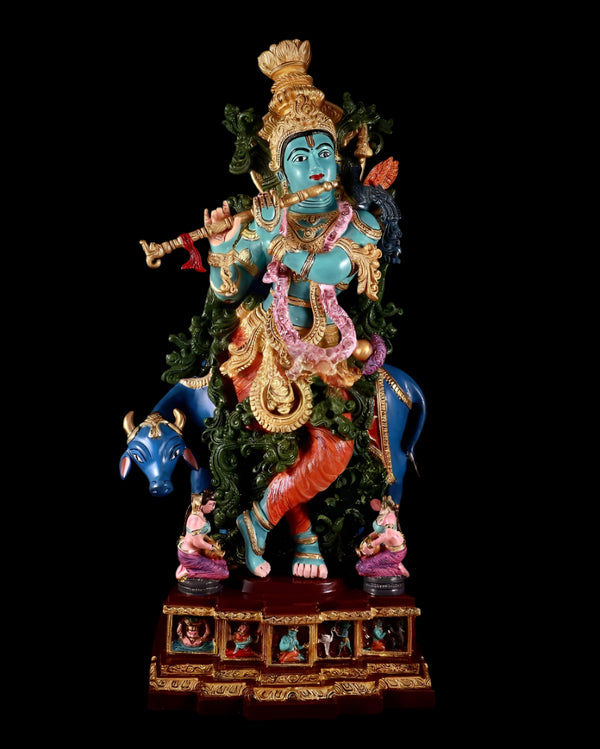 Pure Brass hand-painted Lord Krishna with Cow Statue (Height: 29 Inches)