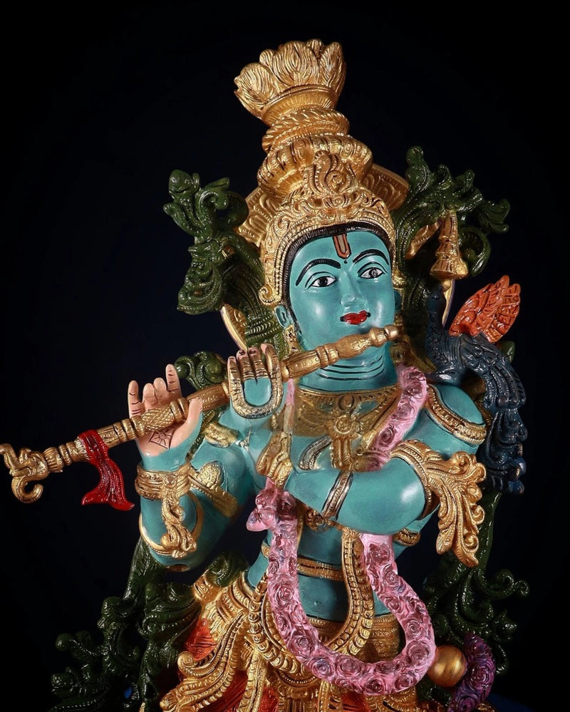 Pure Brass hand-painted Lord Krishna with Cow Statue (Height: 29 Inches)