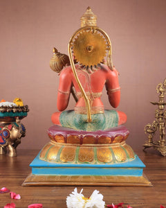 Hanumanji idol from back, golden halo, red body, raised mace, hand-painted brass, 18 in