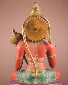 Hanumanji idol close-up, golden halo, red back details, held mace, hand-painted, 18 in
