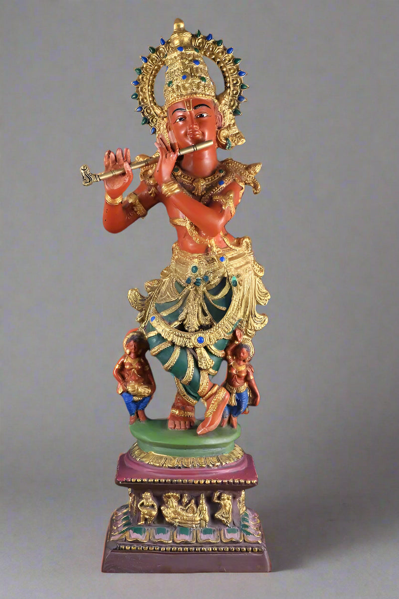 AONA Pure Brass Lord Krishna Murti Hand-Painted