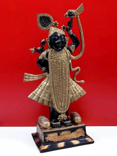 Brass Shri Krishna as Bihari ji standing statue, flared skirt, beaded chest, 31 inch