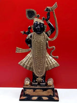 Brass Shri Krishna as Bihari ji statue, raised arm pose, detailed jewelry, 31 in