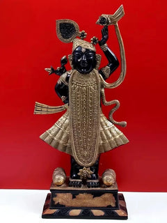 Brass Shri Krishna as Bihari ji statue, raised arm pose, detailed jewelry, 31 in