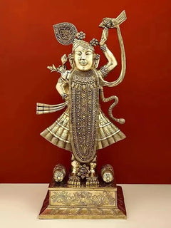 AONA brass Shri Krishna thakur ji figurine with ornate crown and raised blessing arm