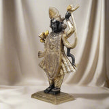 Standing Brass Srinath Ji as Bihari ji statue with detailed jewelry, raised hand, gold accents