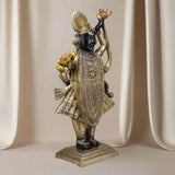 Brass Srinath Ji as Bihari ji statue in standing pose, flared ornate robe, raised arm and staff